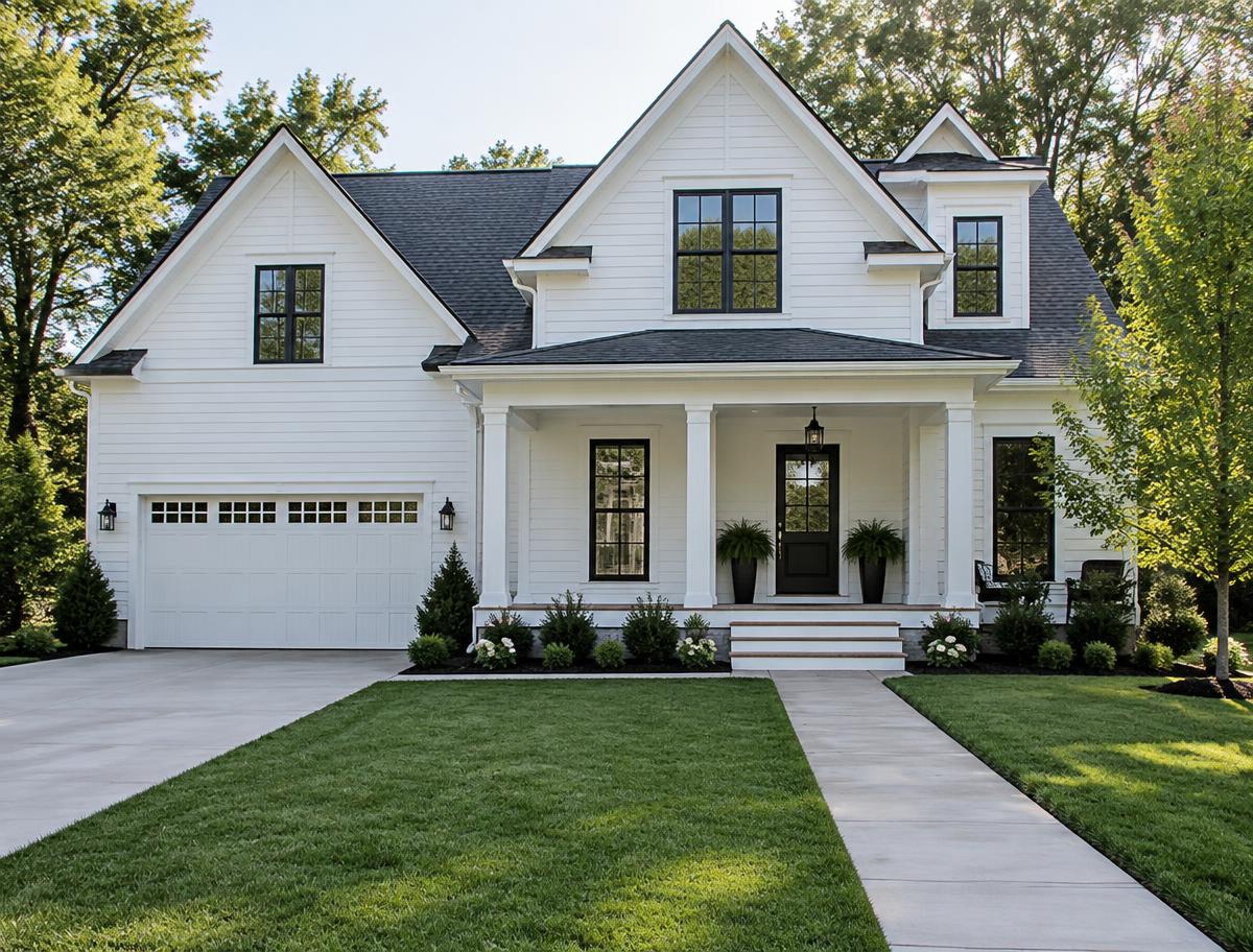 A clean white home with a fresh driveway and welcoming front porch